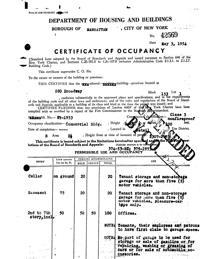 Certificate of Occupancy 280 Broadway, NY