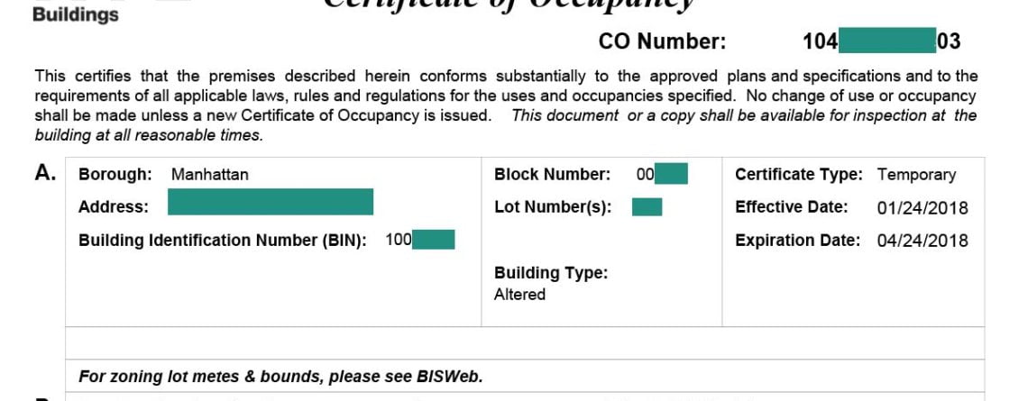 temporary certificate of occupancy in nyc
