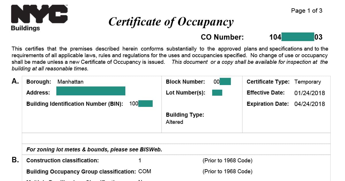 temporary certificate of occupancy in nyc