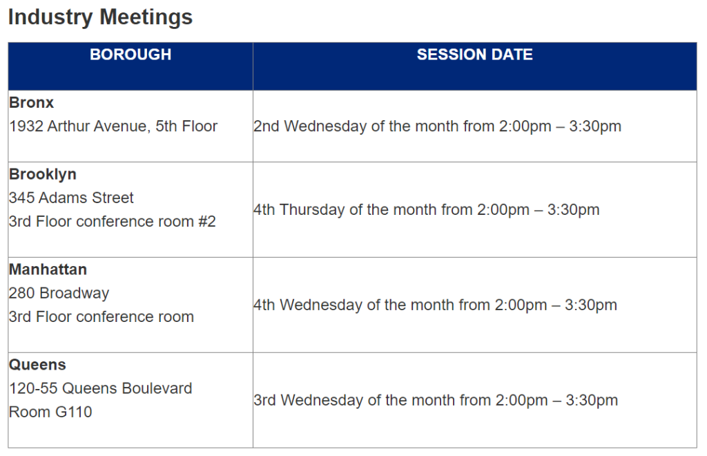 DOB industry meeting schedule