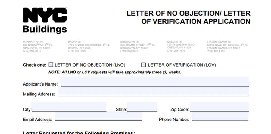 NYC DOB Letter of No Objection and Letter of Verification