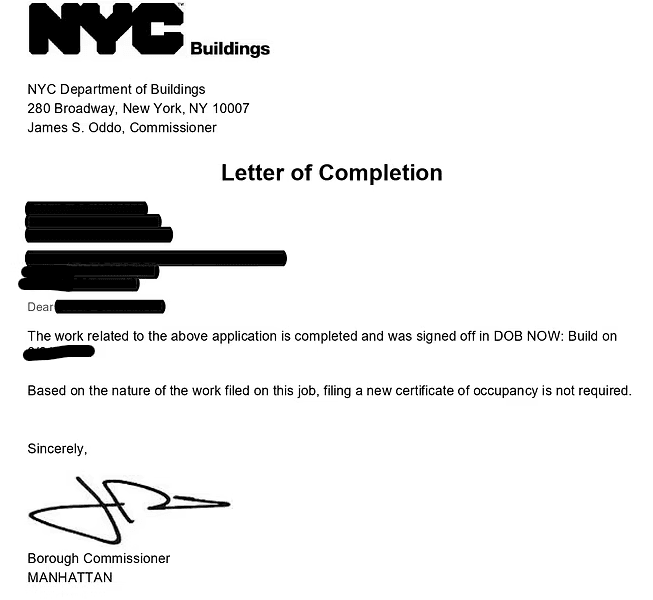 nyc dob letter of completion for construction work